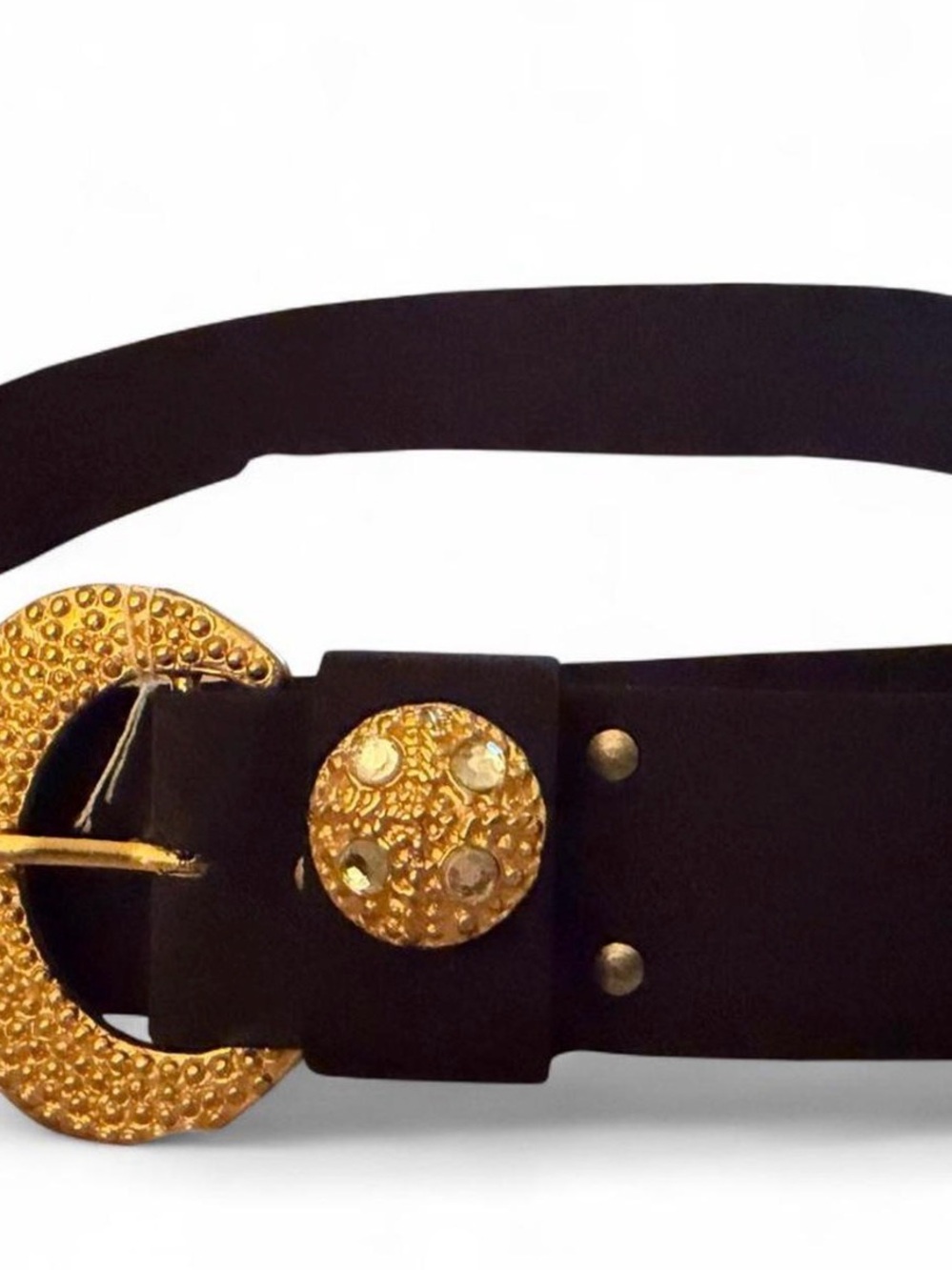 80s True Vintage Century Black Fabric Belt with Gold Nugget/Rhinestone